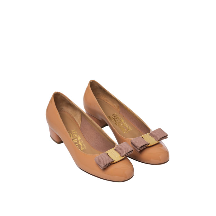 SALVATORE FERRAGAMO VARINA BOW BALLET NUDE PATENT HEELS 3CM SIZE 5/35 - Image 1