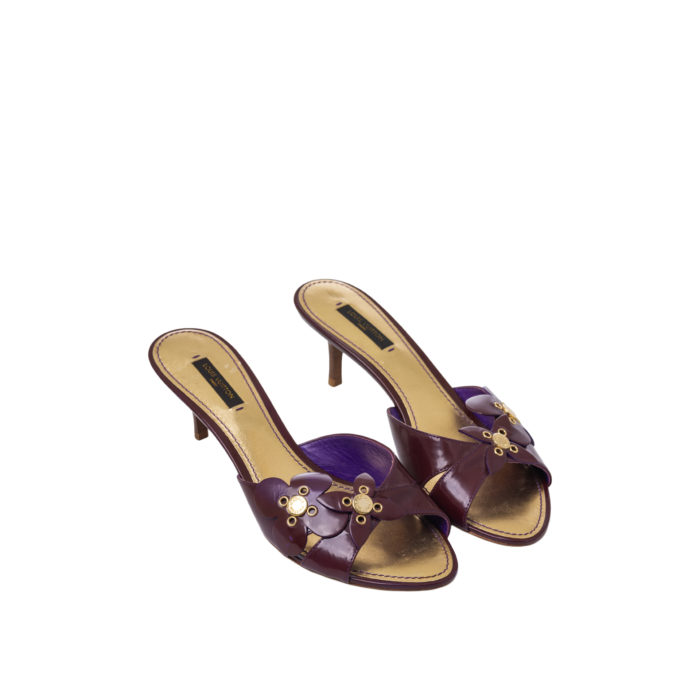 LOUIS VUITTON LV FLEUR VERNIS PURPLE GOLD MULE HEELED SANDAL 5,5CM SIZE 38,5 - Image 1