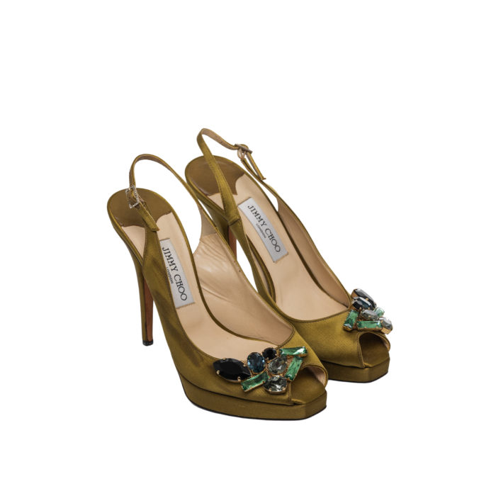 JIMMY CHOO MEDALION YELLOW SATIN CRYSTAL EMBELISHED PLATFROM SLINGBACK SANDAL HEELS 12CM SIZE 38,5 - Image 1