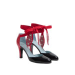 NBU VALENTINO WOMEN VLOGO FOLIEFOLIAGE PUMPS 85MM IN BLACK PURE RED ABRASIVE CALFSKIN WITH SUEDE ANKLE LACING SIZE 36