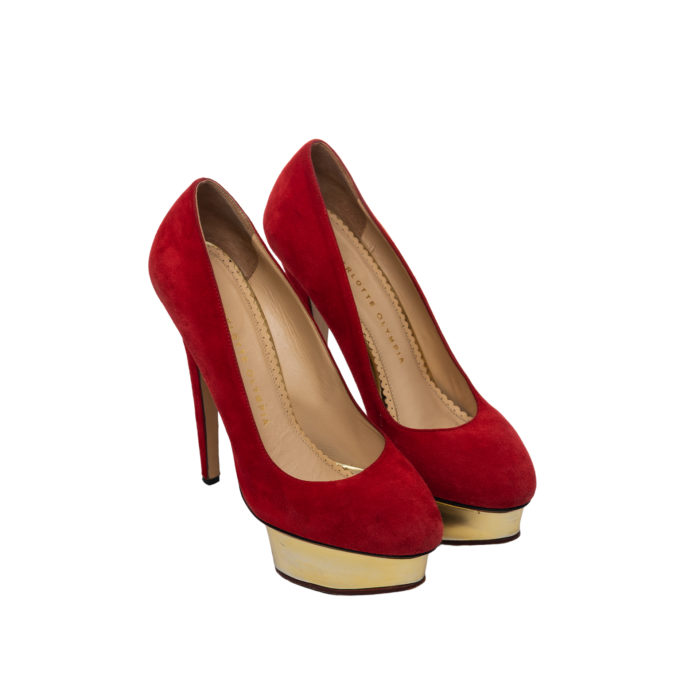 CHARLOTTE OLYMPIA DOLLY RED VELVET SUEDE PLATFROM PUMPS HEELS 14,5CM SIZE 39 - Image 1