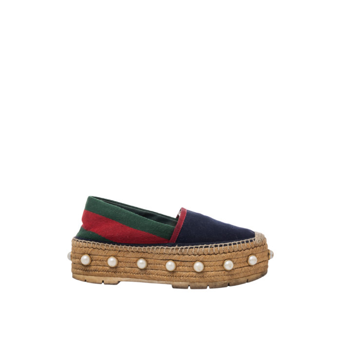 GUCCI LINEN ESPADRILLES MULTICOLOR PEARL IN WEB BLUE-GREEN-RED 5CM SIZE 38 - Image 2